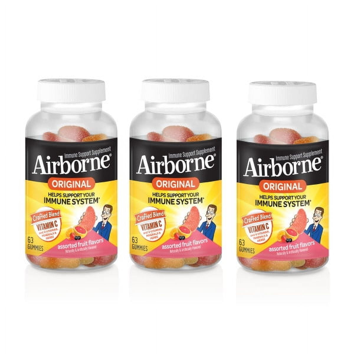 Airborne Assorted Fruit Flavored Gummies, 63 count - 750mg of Vitamin C and Minerals & Herbs Immune Support (Pack of 3)