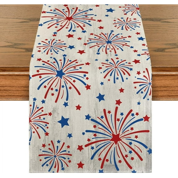 Silver Fireworks Patriotic 4th of July Table Runner, Seasonal Kitchen Dining Table Decoration for Home Party Decor 13x72 Inch