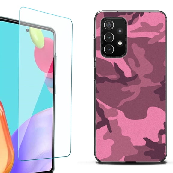 Slim-Fit Flexible TPU Gel Phone Case (black) for Samsung Galaxy A52 5G, with Tempered Glass Screen Protector, by OneToughShield ® - Camo Pink