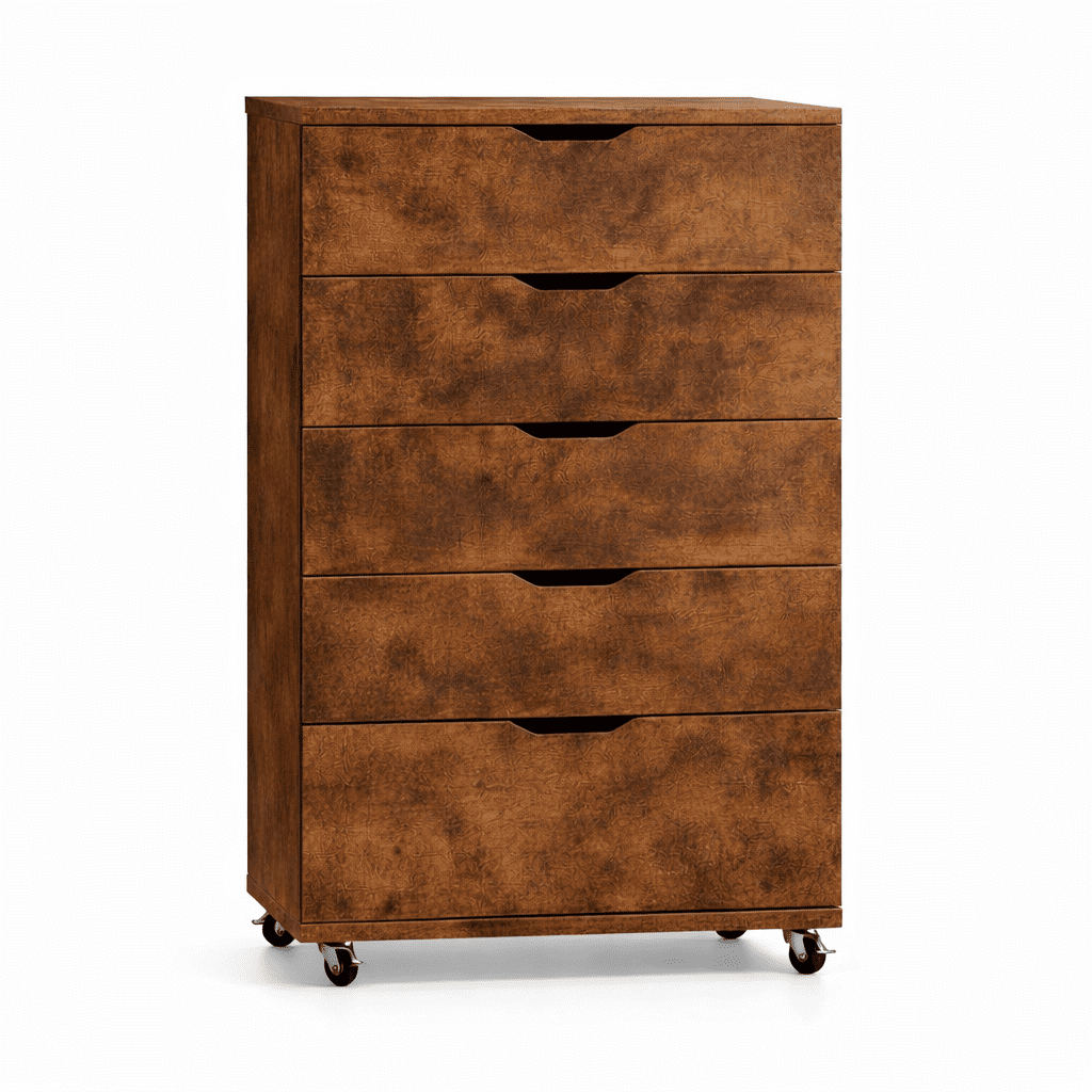 Homy Casa Rustic Brown 5 Drawer Dresser on Wheels for Bedroom Office