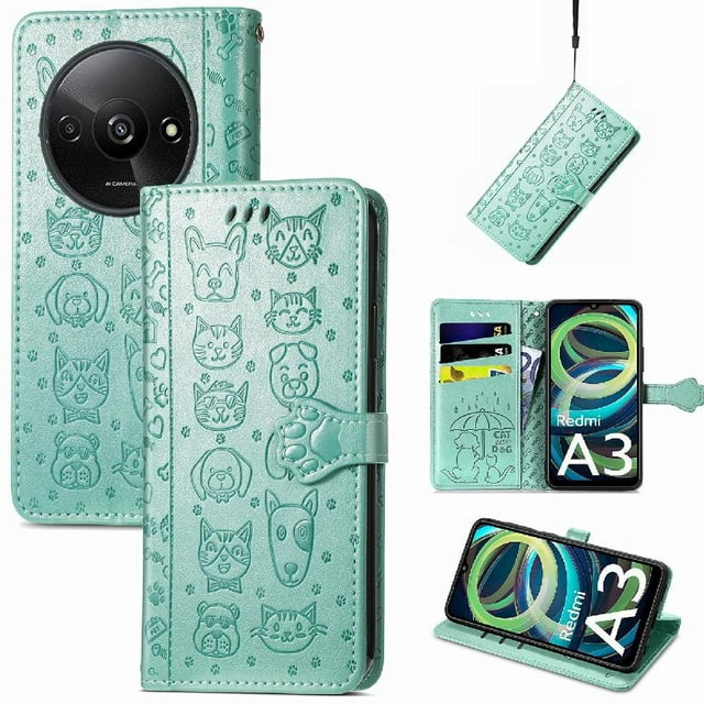 Funda Cartera FOXDOCK para Xiaomi Redmi A3 , Flip PU con Relieve de Gatos y Perros, Tarjetero y Soporte