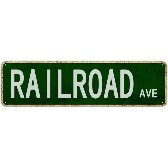 Vintage Metal Wall Sign, Railroad Avenue, 4x16 Inch, Green, & Tin