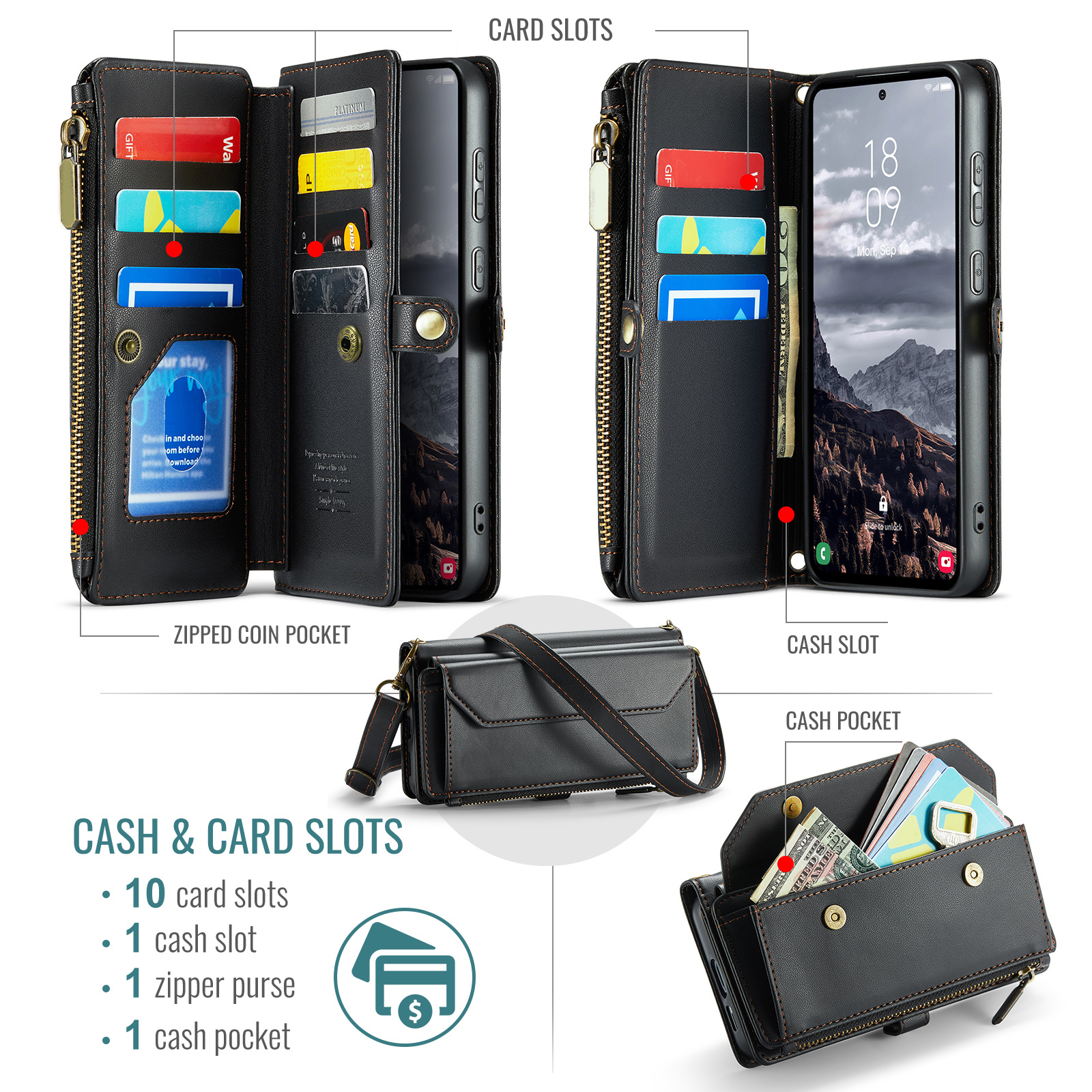 Compatible with Samsung Galaxy S24 FE 5G Zipper Wallet Phone Case Tempered Glass Screen Protector Crossbody Lanyard Strap Flip Card Holder Slot Cell Cover for S 24 EF AI S24FE 24S Women Girls Black