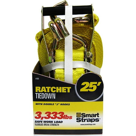 SmartStraps 25' 10,000 lbs. Double J Hook Ratchet, Yellow 1 Pack