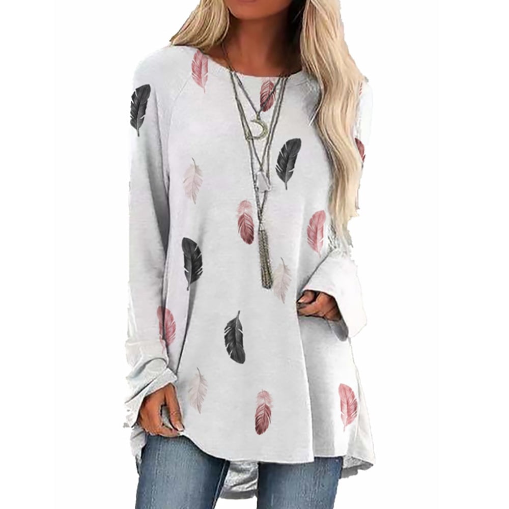 Coutgo Women's Feather Printed Long Sleeve T-Shirt Round Neck Oversized ...