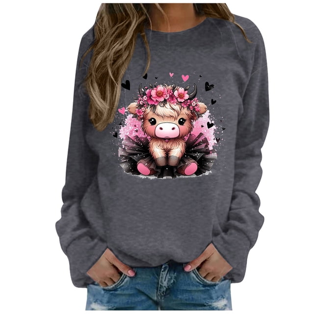 Wyzesi Sweatshirts en Coton pour Femmes, Motif Amusant, Sweatshirts à Col Rond, Manches Longues, Pull-Over, Automne, Bleu