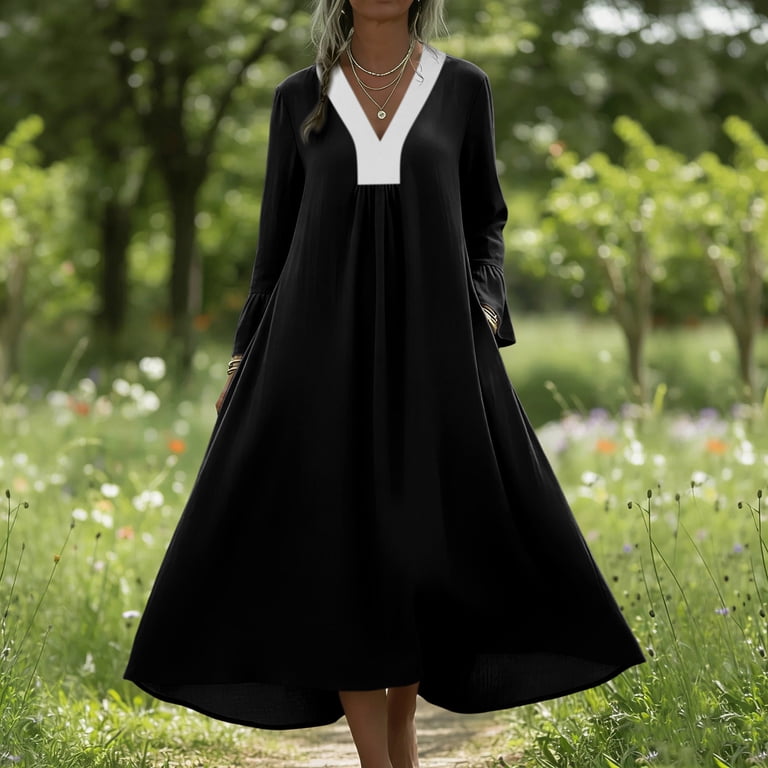 Xdegoge Women's Linen Contrast V Neck Maxi Dresses Long Sleeve Casual Loose Fit Kaftan Dress Fall Winter Holiday Vacation Flowy Soft Comfortable Tunic
