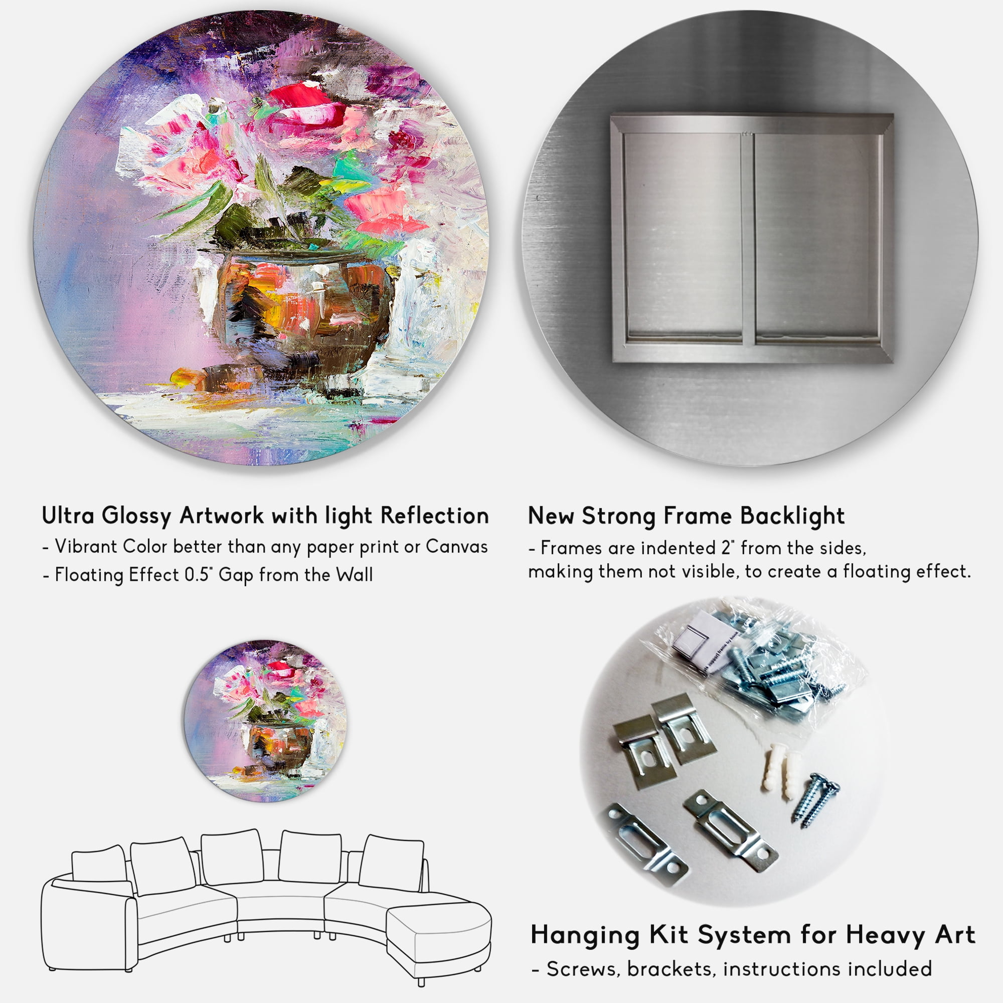Designart 'Pink Fresh Abstract Flowers Bouquet in Vase' Modern Circle Metal Wall Art 29x29 - Disc of 29