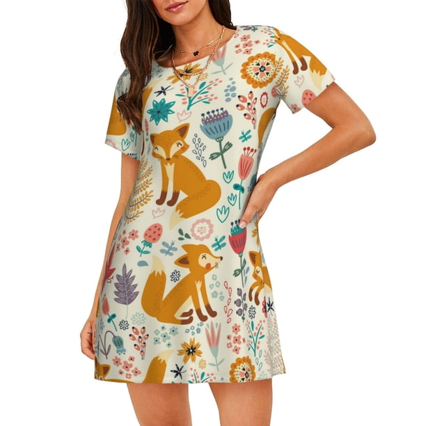Easygdp Whimsical Fox Floral Garden Camisón de manga corta para mujer, informal, estampado