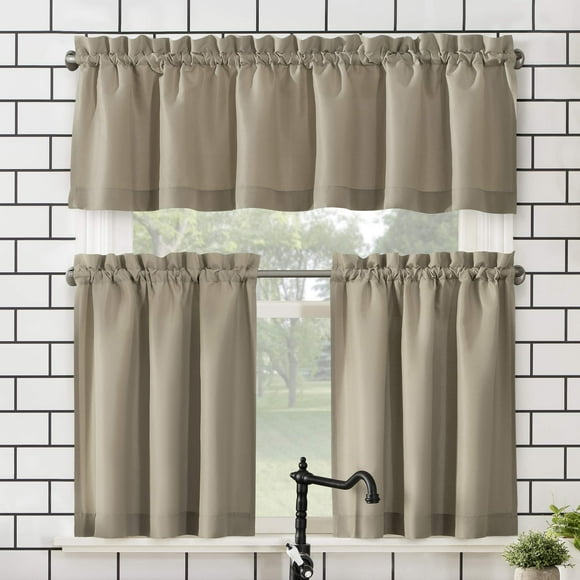 No. 918 Martine Microfiber Semi-Sheer Rod Pocket Kitchen Curtain Valance and Tiers Set, 54" x 24", Taupe