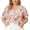 thumbnail image 1 of Women's Plus Size Blouse V Neck Ruffle Sleeve Floral Top White 4X, 1 of 7