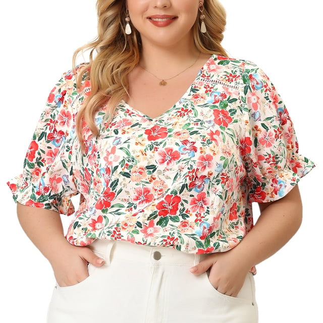 Women's Plus Size Blouse V Neck Ruffle Sleeve Floral Top White 4X