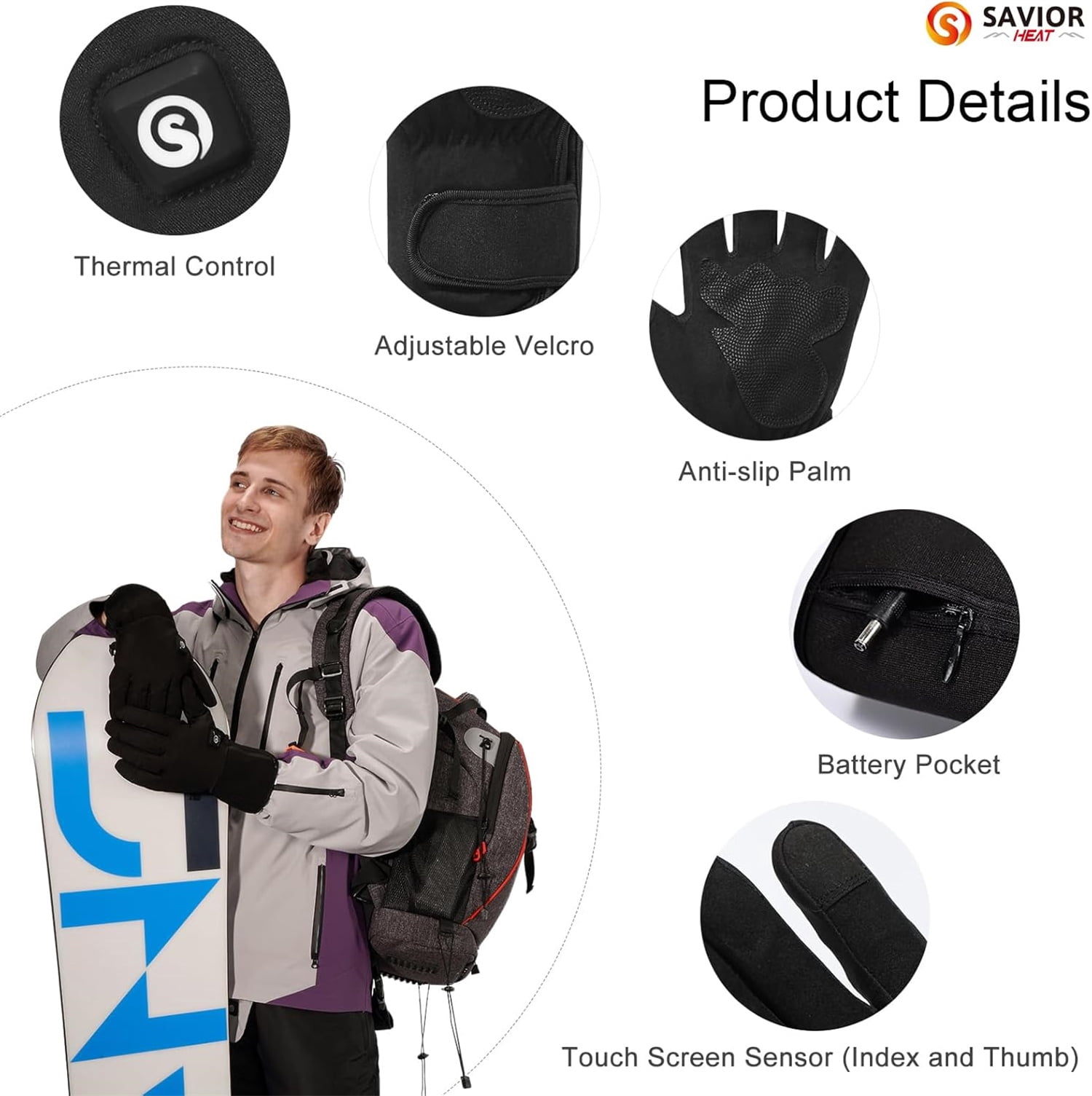 SAVIOR HEAT Heated Mittens Gloves Men Women - 7.4V 2200MAH Electric Rechargeable Battery Gloves for Winter Skiing Skating Snow Camping Hiking Heated Hand Warmer Gloves