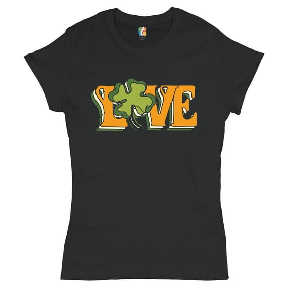 Tee Hunt LOVE T-Shirt Irish Shamrock St. Patrick's Day Holiday Clover Women's T-Shirt Tee, Black, 3X-Large