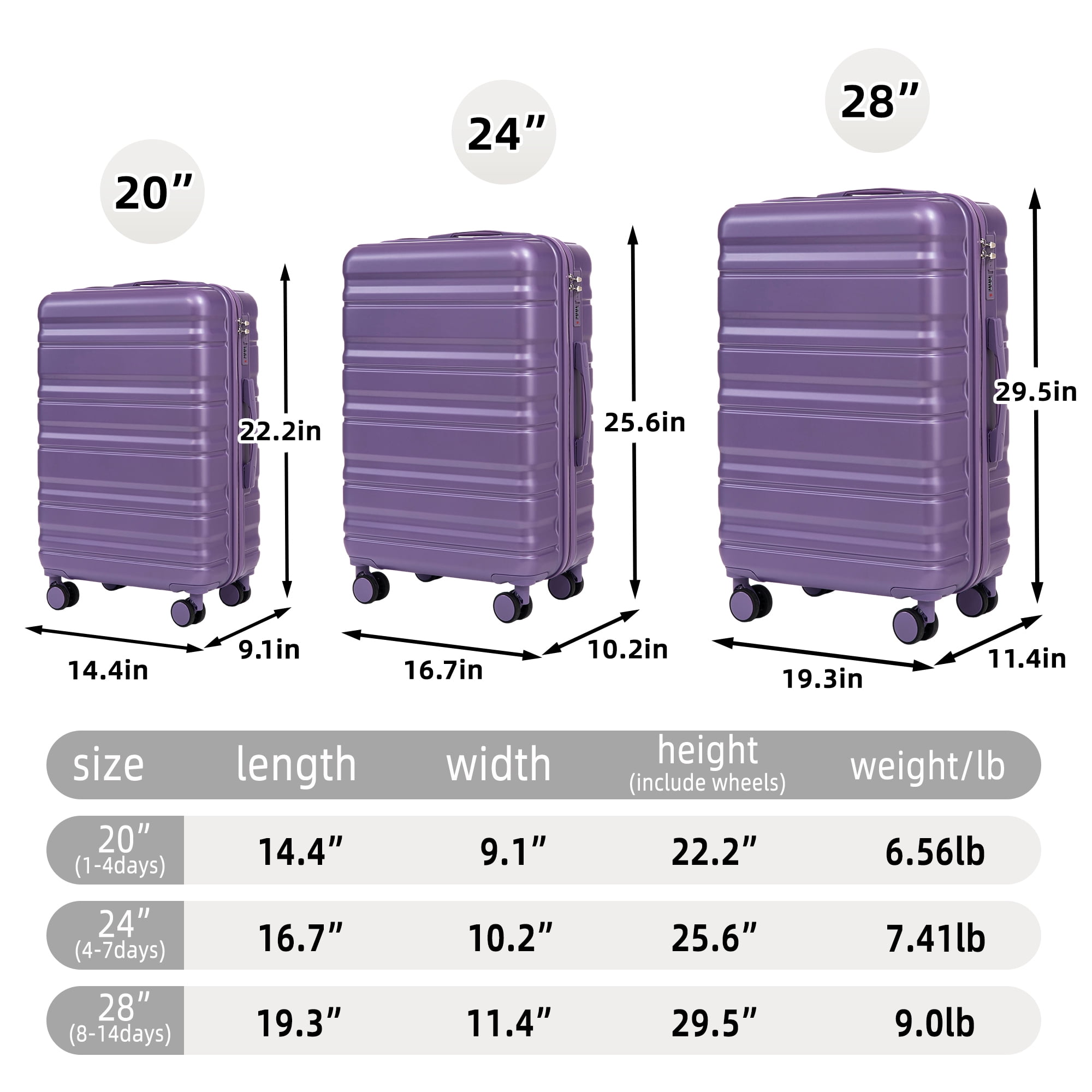 20"/24"/28" 3 pcs/set in ABS Spinner Wheel Luggage, Carry on Suitcase, Matching Color, Combination Lock (Purple)