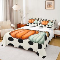 Homewish Hello Fall Twin Sheet Sets,Autumn Pumpkin Twin Fitted Sheet,Geometric Polka Dots Flat Sheet For Girls Kids,Breathable Home Decor,3 Pieces