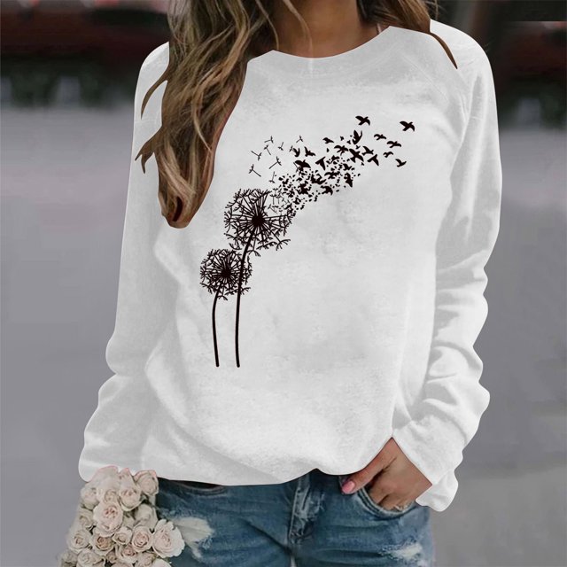 Qiopertar Mode Femmes Décontracté Manches Longues Col Rond Imprimé Chandail en Molleton Blouse Liquidation Livraison Gratuite à Moins de 5$ jusqu'à 90 % de Réduction