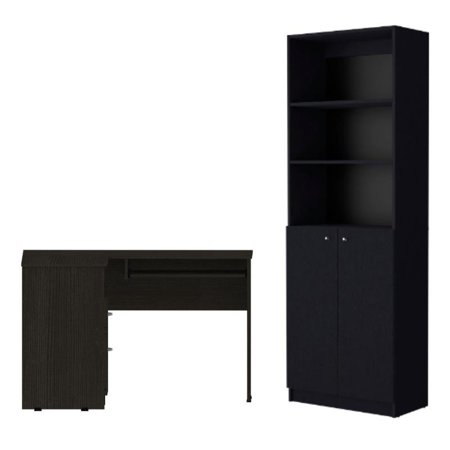 Home Square 2-Piece Set with L-Shaped Desk and 2 Door Bookcase in Black