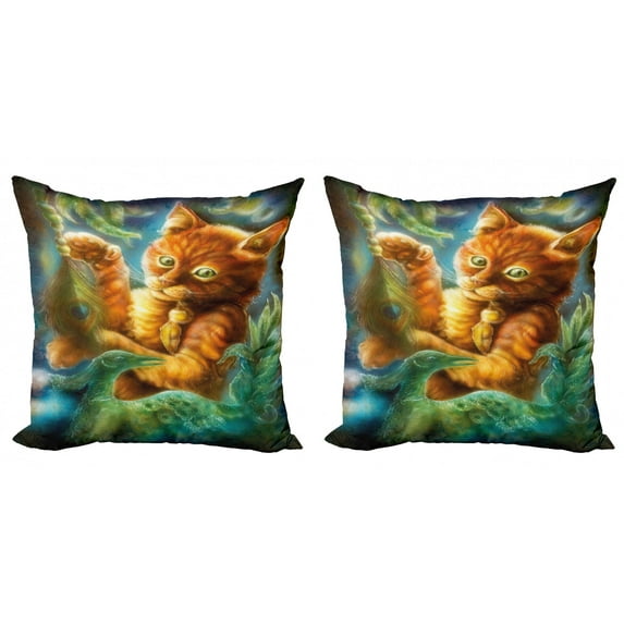 Ambesonne Cat Throw Pillow Cover 2 Pack, Fantasy Peacock, 20", Orange Green Blue