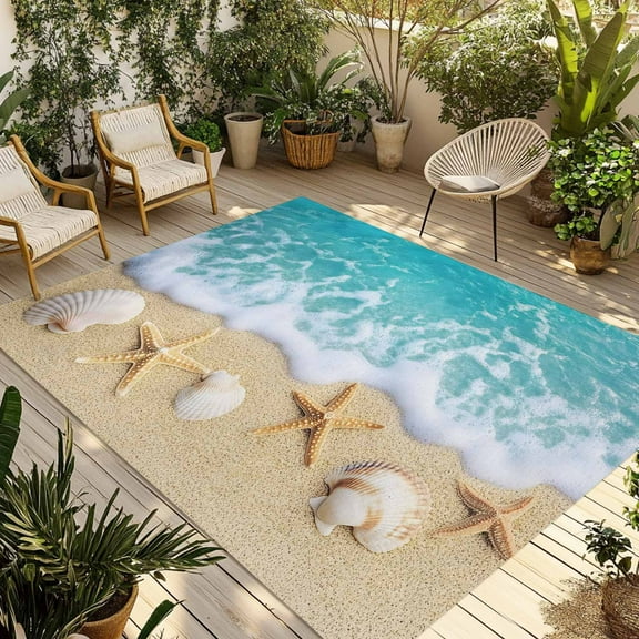 Fsddascl Ocean Beach Outdoor Rug for Patio/Deck/Porch, Non-Slip Large Area Rug 5 x 8 Ft, Starfish Shell Sand Coastal Summer Blue Brown Indoor Outdoor Rugs Washable Area Rugs, Camping Rug Carpet