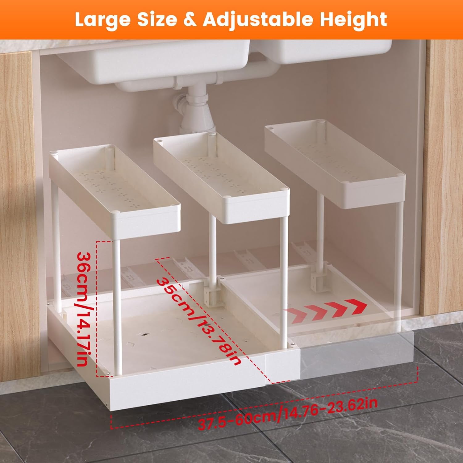 Expandable Under Sink Organizers Storage With Upgrade Ball-Bearing Slide Tracks,2-Tier Pull Out Under Cabinet Organizer Height Adjustable （White）
