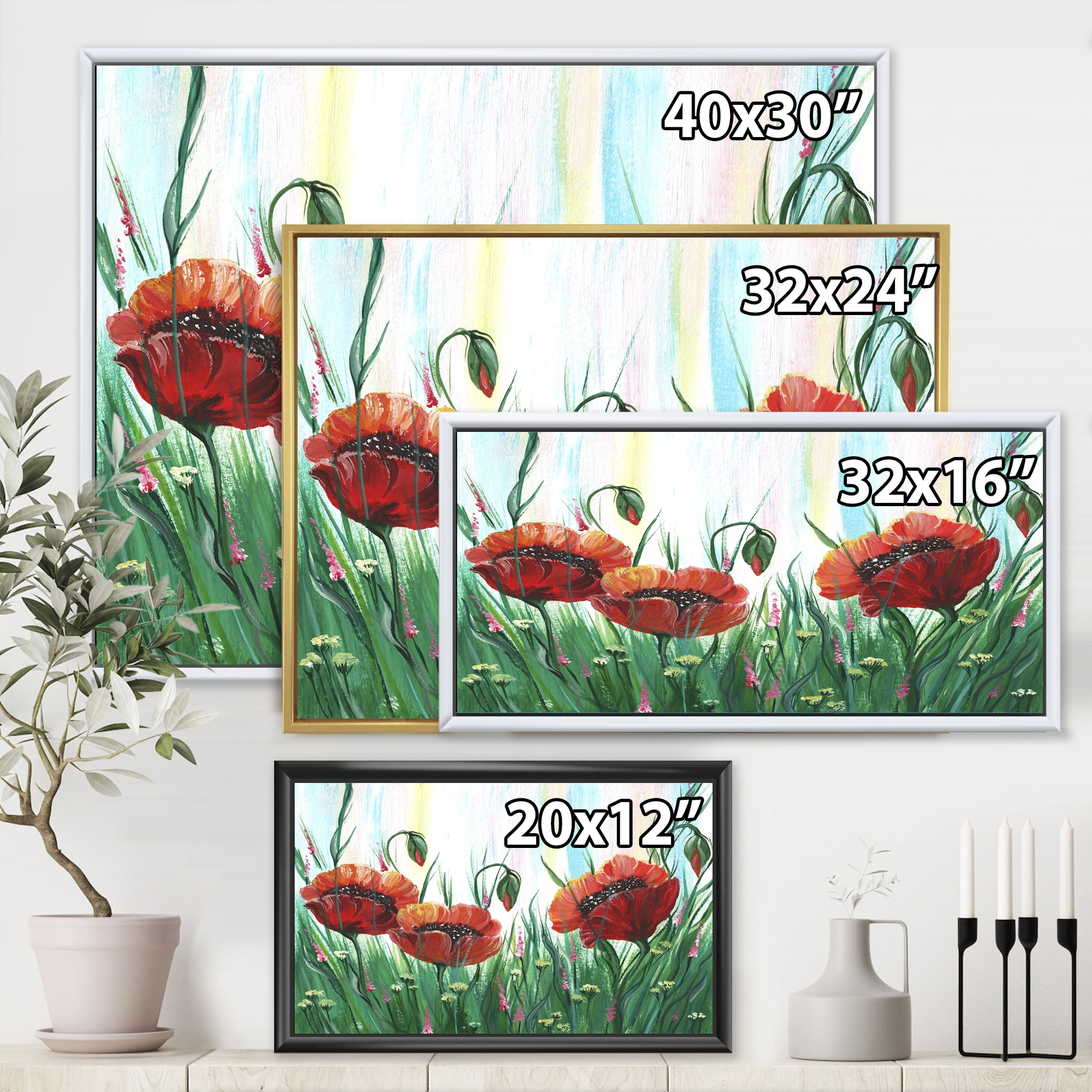 Designart 'Three Red Bright Poppy Flowers On A Green Meadow' Traditional Framed Canvas Wall Art Print