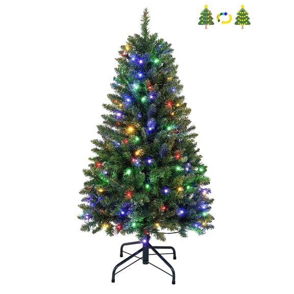 Goosiay Pre-Lit Artificial Christmas Tree, 4ft, 150 Warm White & Multi-colored 10 Modes LED Lights, Metal Stand, 360 Branch Tips, Green