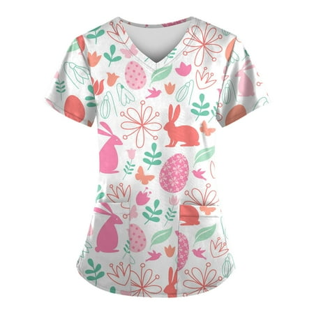 

TAIAOJING Scrubs for Women Workwear Casual Easter Day Printed Short Sleeve V Neck Holiday Fun Patterned Working Tshirts Blouse Tops With Pockets