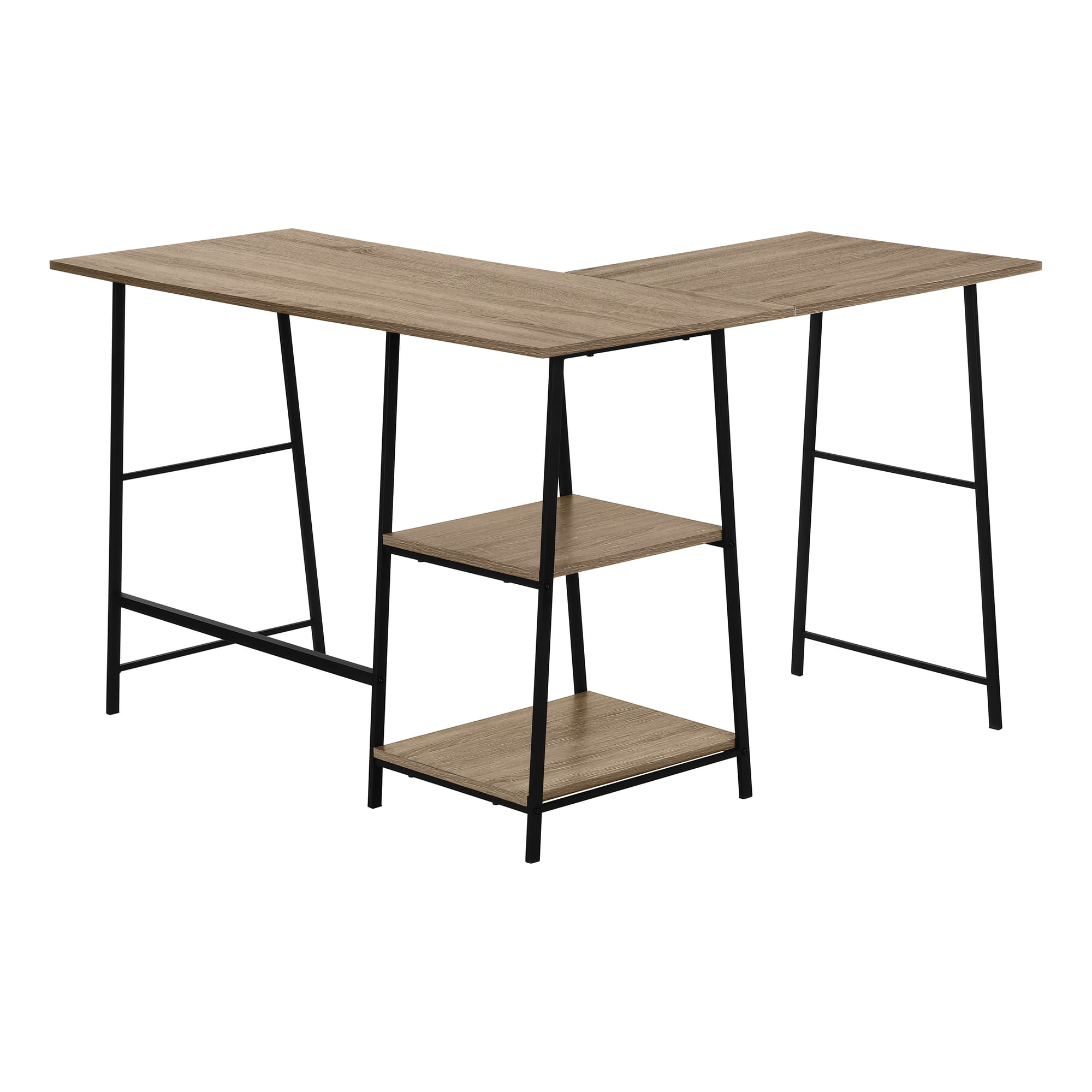 48 Inch L Shaped Dark Taupe Computer Desk with Black Sawhorse Legs and Shelves