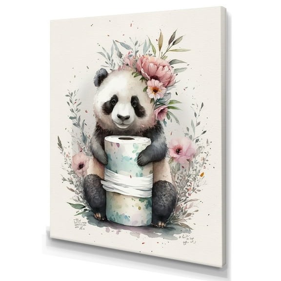 Designart Panda With Roll Of Toilet Paper And Flowers Canvas Wall Art