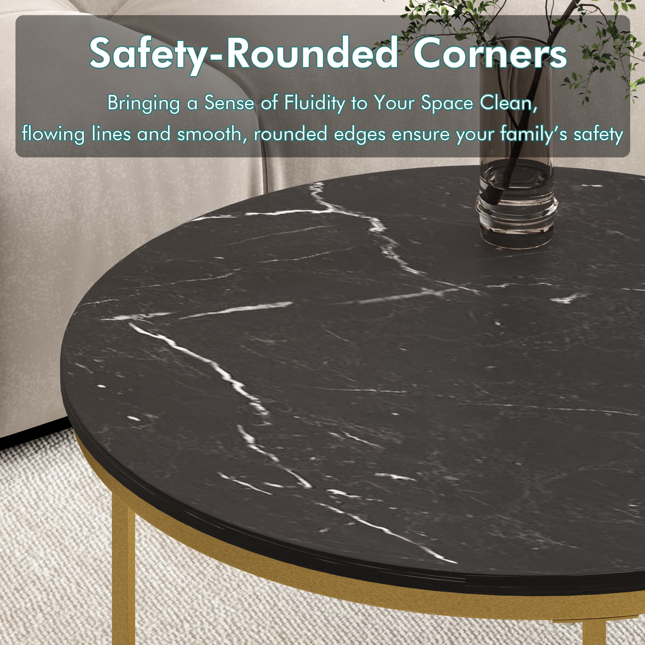 Noble House 27.6" Round Nesting Coffee Table with Marble Top, Wooden Side End Tables for Living Room, Black, Set of 2