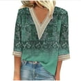 thumbnail image 2 of Tejiojio Womens Petite Plus Summer V-Neck 3/4 Sleeve Lace Print Casual T-shirt Blouse, 2 of 5
