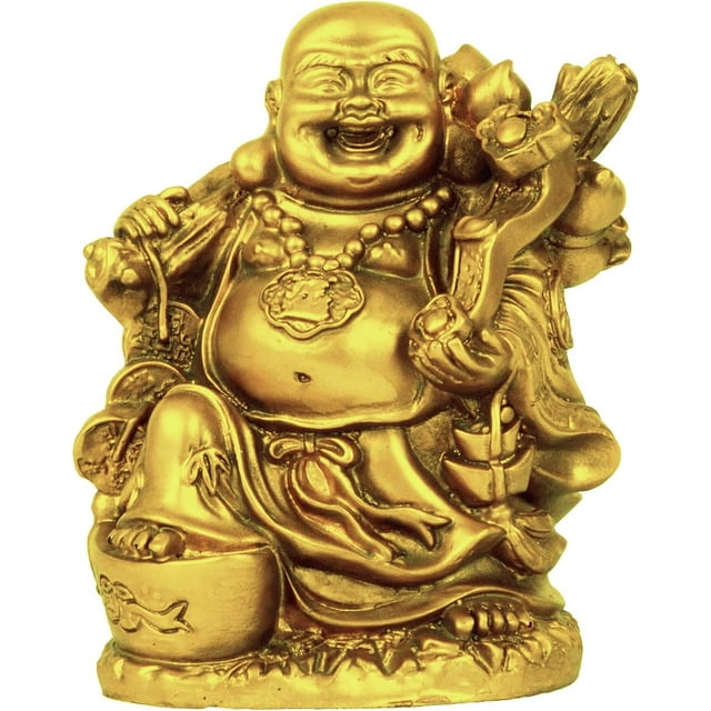 Rubans Attachés Statue de Bouddha Rieur pour Bonne Chance / Résine, Doré / 5 Pouces / Idole de Bouddha pour Maison, Salon, Bureau, Table, Richesse, Décoration de Bouddha / Statue de Bouddha Feng Shui Intérieure