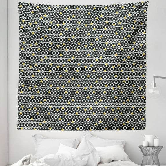 Geometric Tapestry, Simplistic Rhombus Background with Diamond and Triangular Shapes, Fabric Wall Hanging Decor for Bedroom Living Room Dorm, 5 Sizes, Black White and Yellow, by Ambesonne