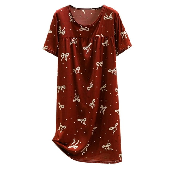 Yuanlong Womens Nightgown Short Sleeve Bow Print O-Neck Sleep Dress For Valentine'S Day & Daily Relaxing Lady Nightshirts