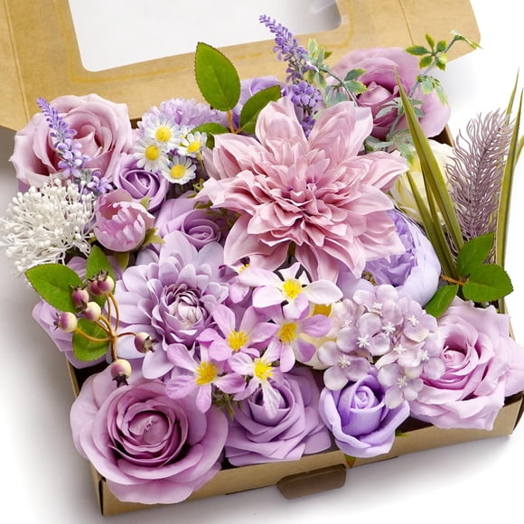 Juego De Caja Combinada De Flores Artificiales, Hojas Y Tallos Sueltos De Flores Artificiales, Ramo De Centro De Boda, Novia, Boda, Baby Shower (Lavanda Lila)
