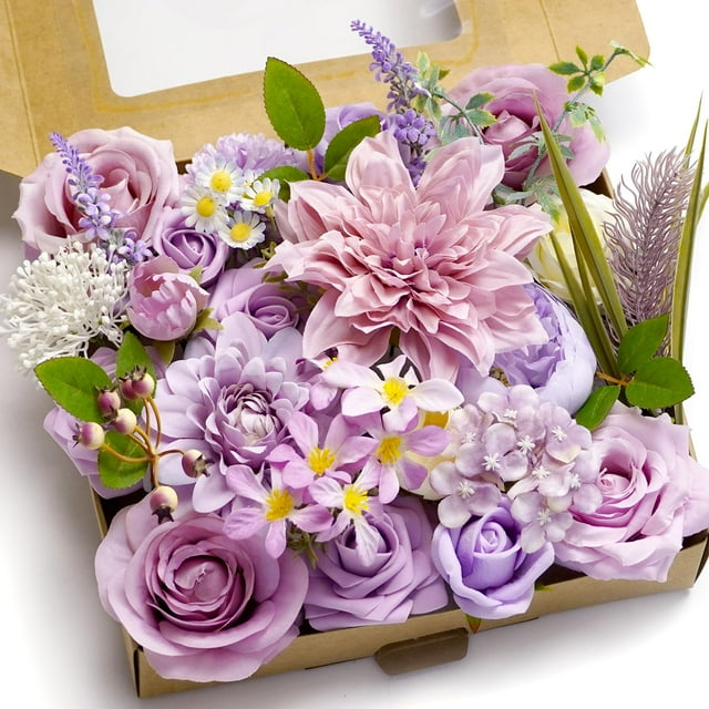 Juego De Caja Combinada De Flores Artificiales, Hojas Y Tallos Sueltos De Flores Artificiales, Ramo De Centro De Boda, Novia, Boda, Baby Shower (Lavanda Lila)