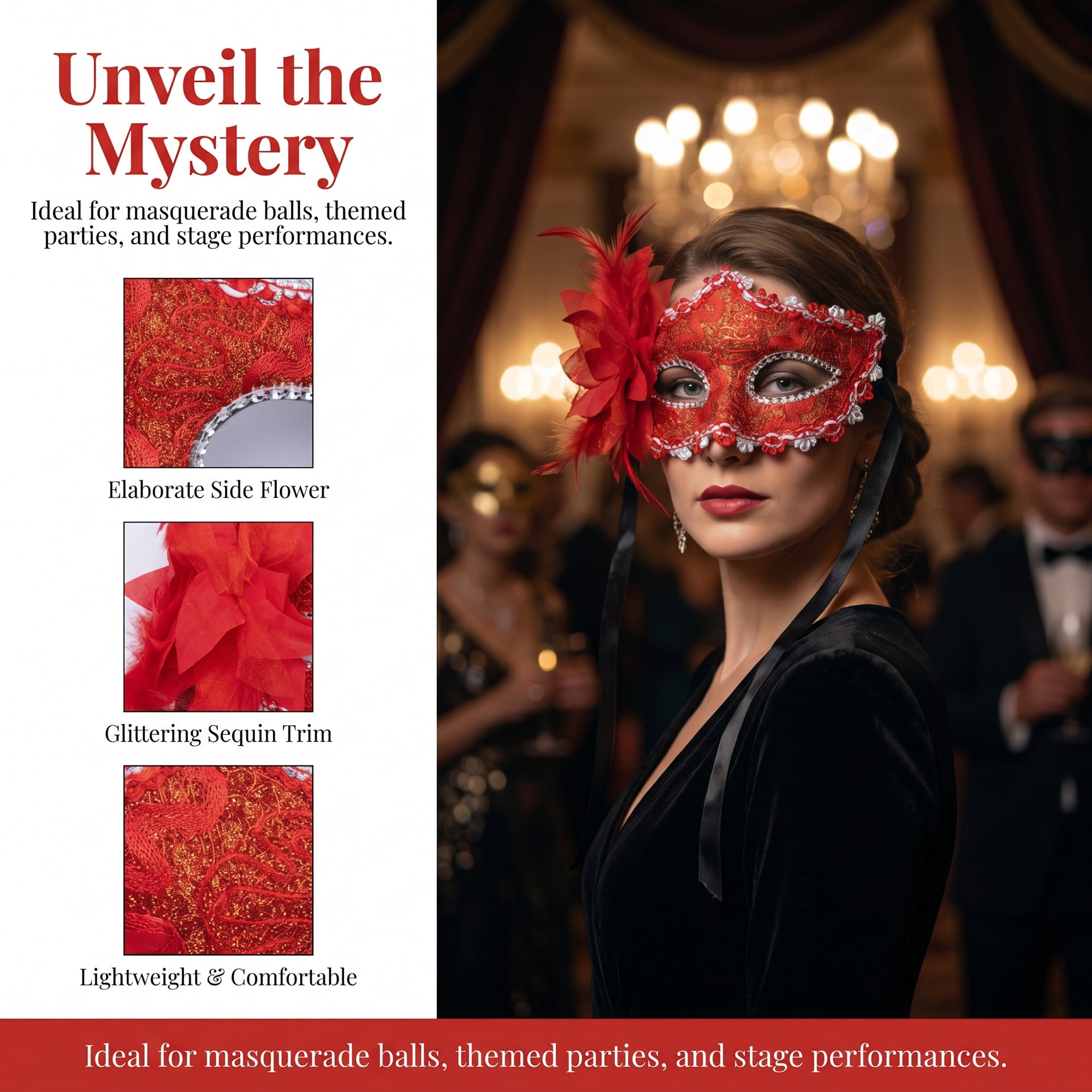 Unique Bargains Venetian Masquerade Mask, Side Flower Rose Eye Mask Red 6.3" x 4.3"