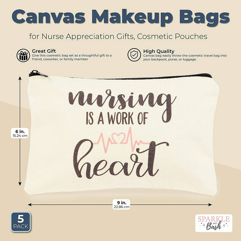 5-Pack Canvas Makeup Bags for Nurse Appreciation Gifts, Cosmetic Pouches  (9 x 6)