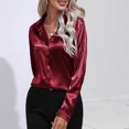 thumbnail image 3 of AKOEE Womens Button Down Satin Shirt Office Work Dressy Casual Lapel Collared Shirts Long Sleeve Business Silk Tops (Small, Wine), 3 of 5