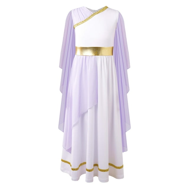 Hansber Robe Toge Grecque Romaine Antique pour Filles Enfants Robe de Princesse Fête Déguisement Costume d'Halloween Lavande 6