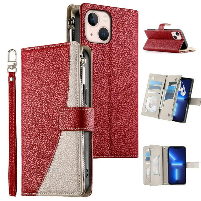 Funda cartera GANGXUN para iPhone 13 Mini , cuero PU con tarjetero, cremallera, correa de mano, soporte y protección 635°