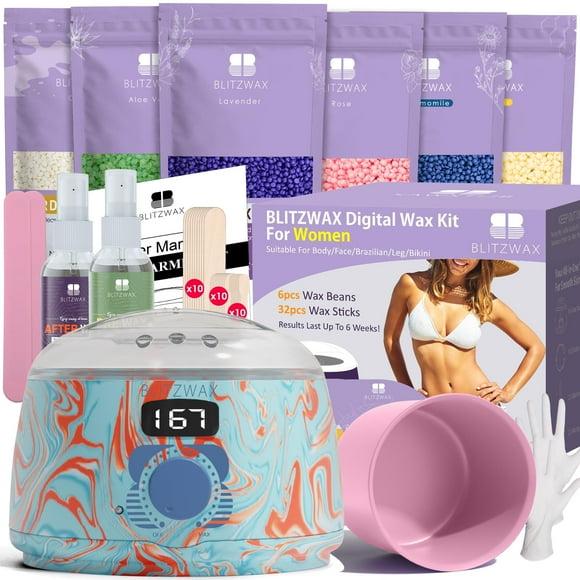 BLITZWAX Brazilian and Bikini Waxing Kit for Women, Hard Wax Warmer for Face, Legs and Body, At Home Hair Removal Kit, Beginner Friendly, Effective on Coarse Hair, Pool Swirl De