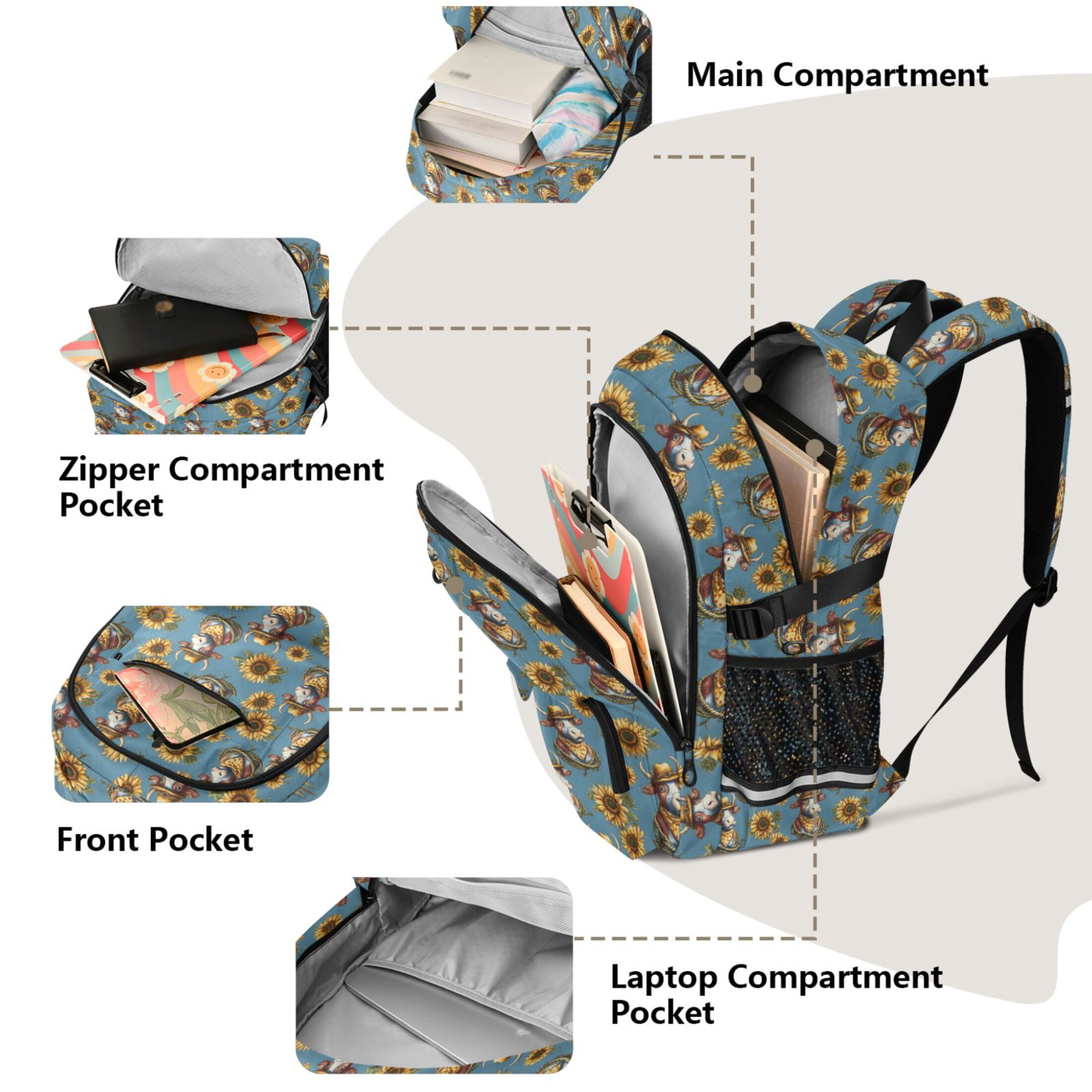 ALAZA Cow with Hat Sunflowers Print Student Backpack School Bookbag Large Laptop Daypack Travel Bag