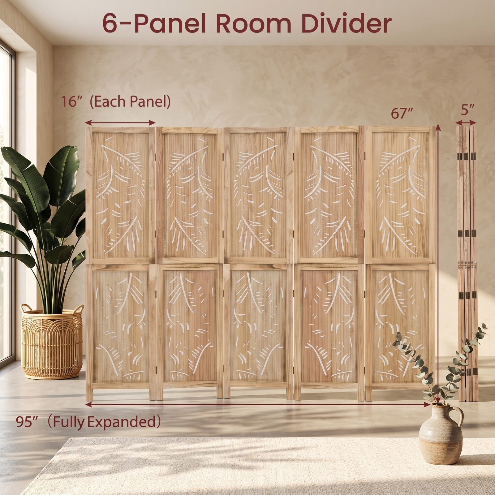 ALPULON 6-Panel Wooden Room Divider Freestanding Folding Privacy Screen with Palm Leaf Design and Paulownia Wood Frame for Home Office Bedroom, Natural