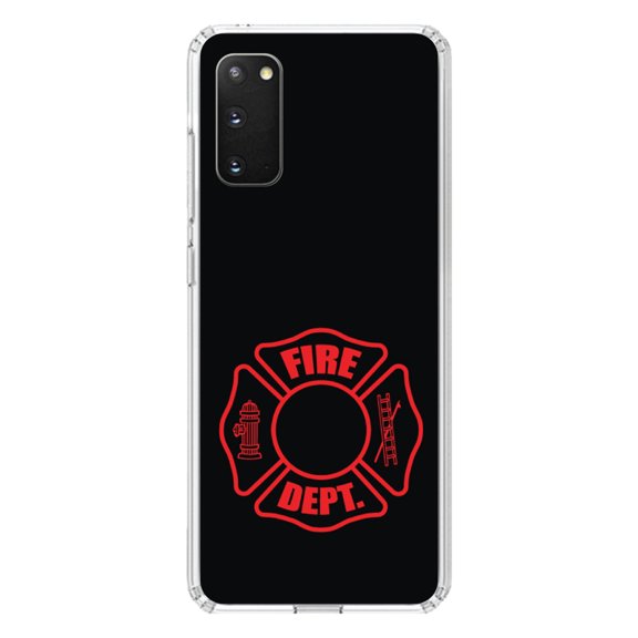 DistinctInk Clear Shockproof Hybrid Case for Galaxy S20 / S20 5G (6.2" Screen) - TPU Bumper, Acrylic Back, Tempered Glass Screen Protector - Red Fire Department Maltese Cross - First Responders