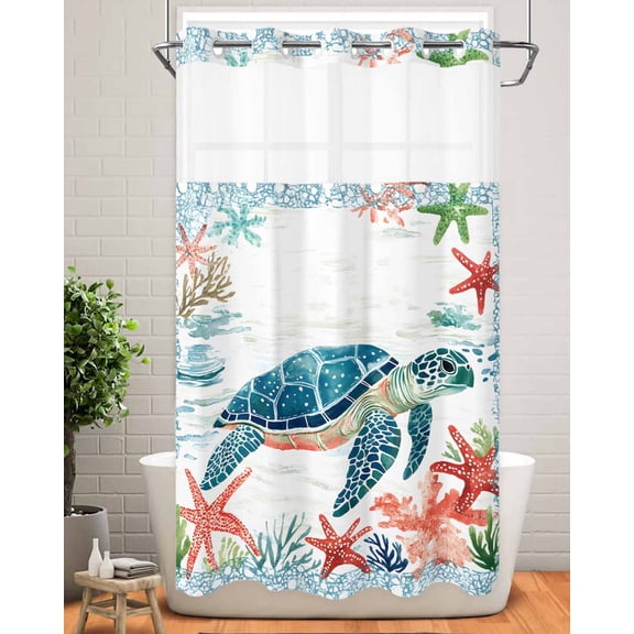 No Hook Shower Curtain with Snap in Liner,Nautical Blue Sea Turtle Starfish Waterproof Bath Curtain Double Layers with See Through Top Window,Ocean Coral Retro Border Hotel Shower Curtains 36x72in