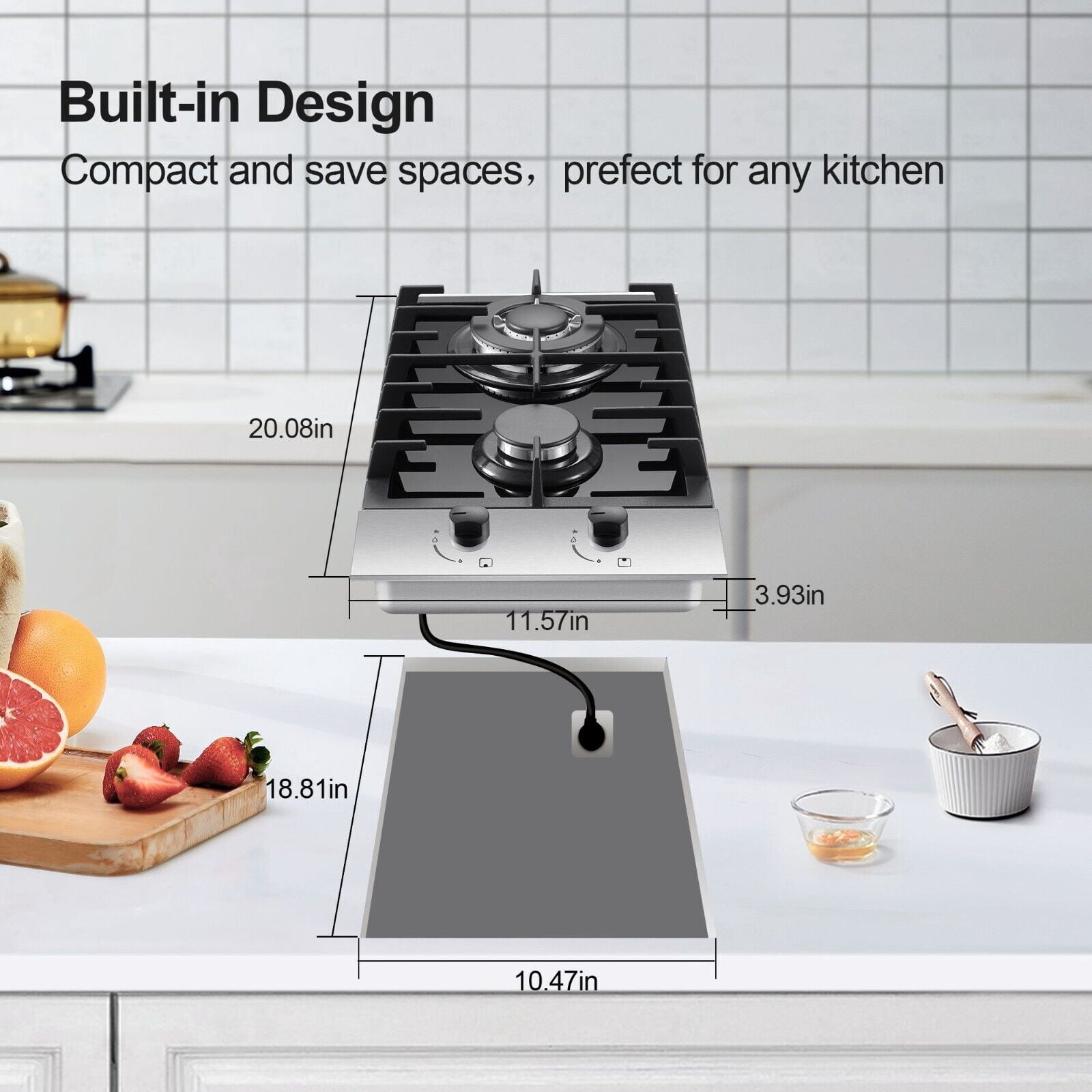 Amzgachfktch 2 Burners Gas Cooktop Stove Oven 12 inch Stainless Steel NG/LPG Convertible Easy Clean