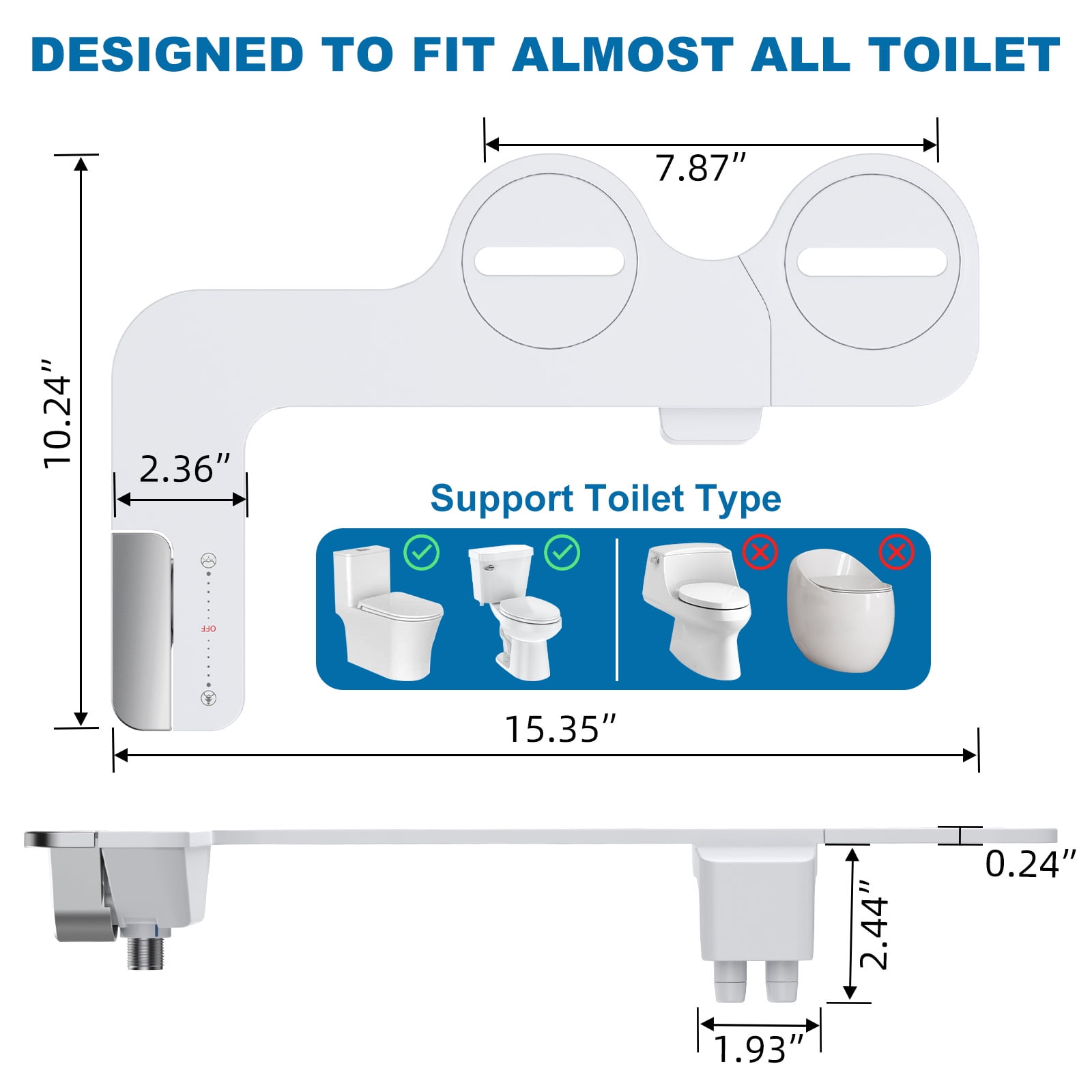 Bidet Attachment for Toilet – Dual Nozzle with Front & Rear Spray, Adjustable Water Pressure & Angle, Self-Clean, Retractable Nozzle, Brass T-Adapter, Easy Install – No Electricity Needed