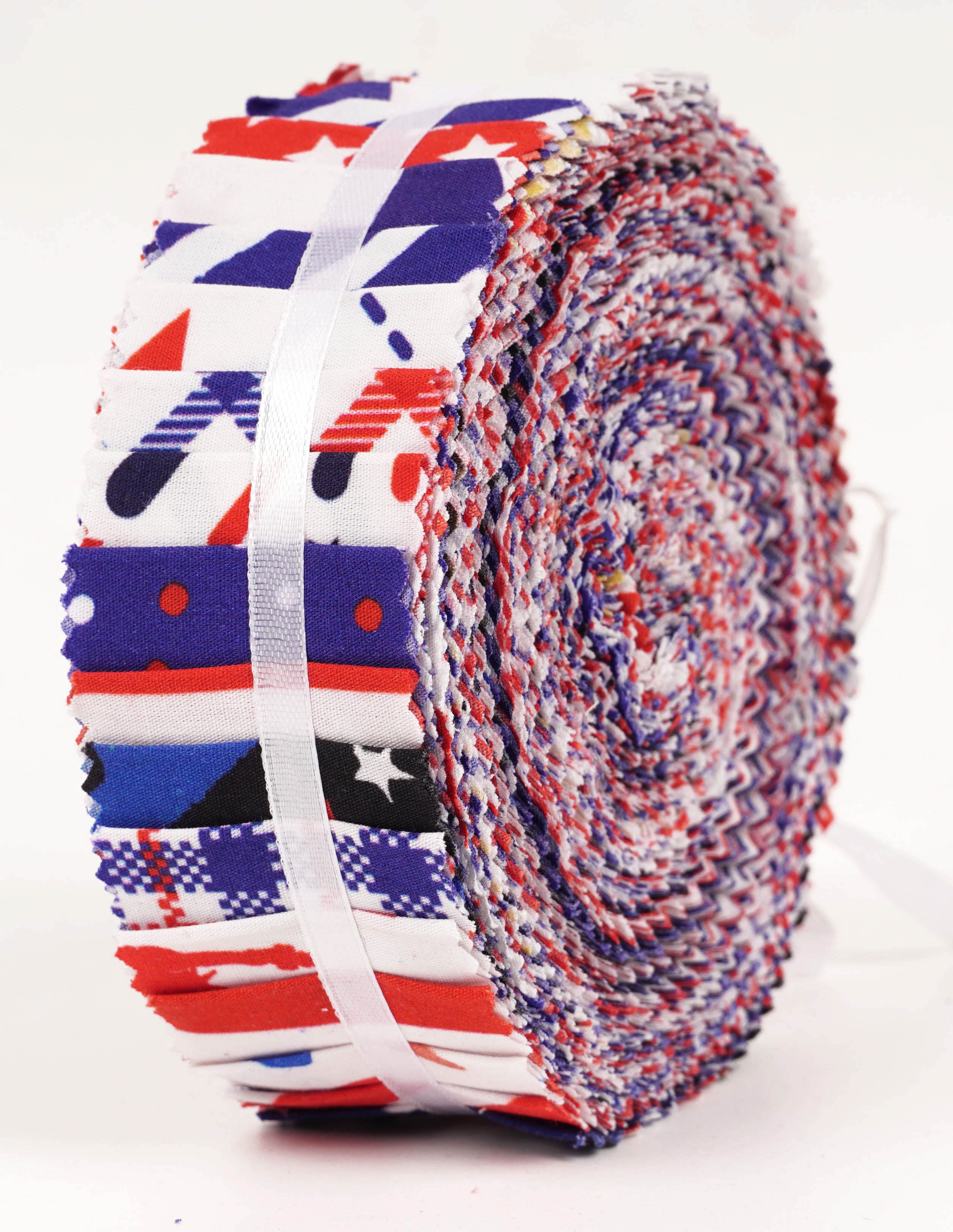Soimoi 40Pcs American Color Flag Theme Print Precut Fabrics Strips Roll Up 1.5x42inches Cotton Jelly Rolls For Quilting - Red, Blue & White